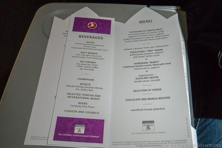 Turkish Airlines A321 Business Class menu