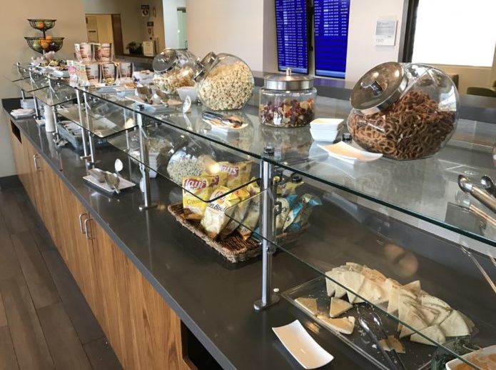 a buffet line of food