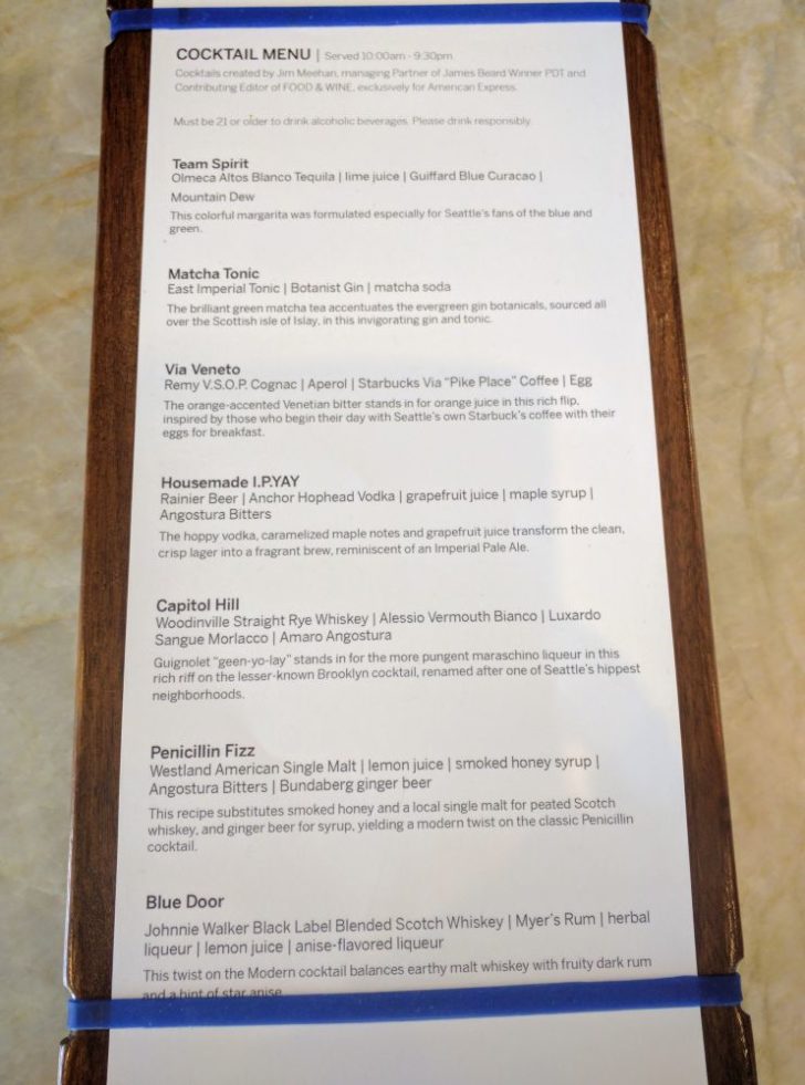 Seattle Centurion Lounge bar menu