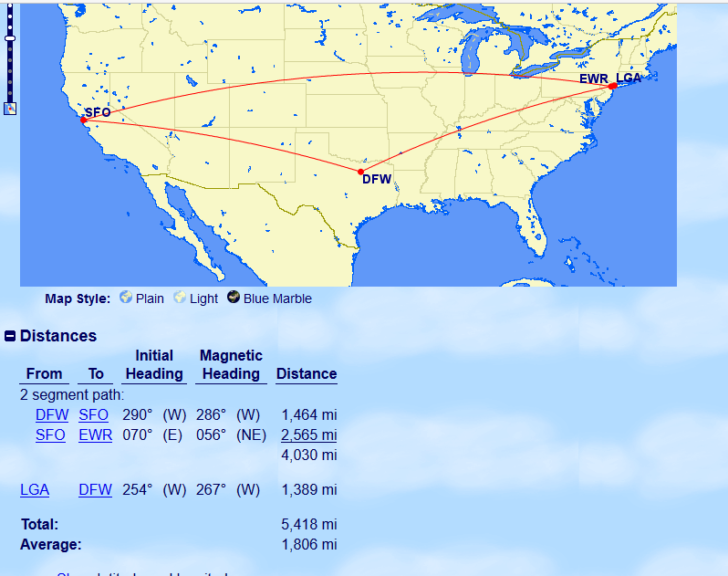 DFW-SFO-NYC-DFW Map