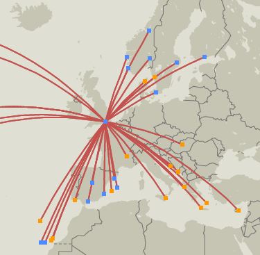 a map of europe with red and blue lines