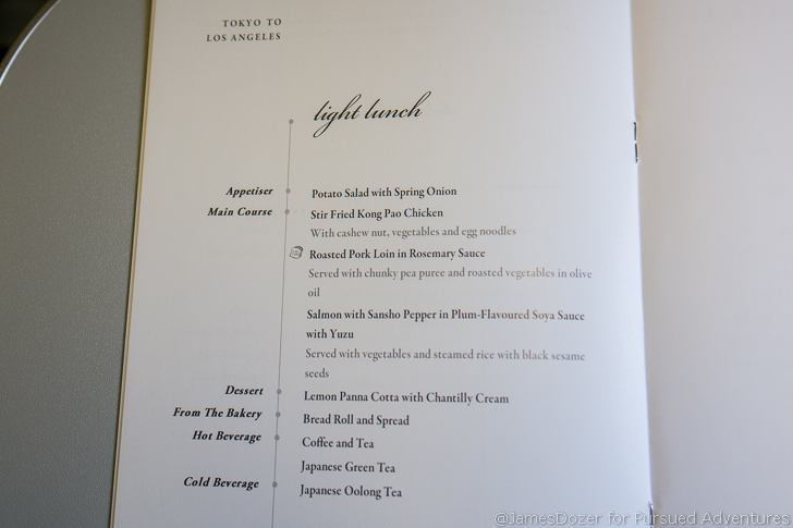 Singapore Airlines Premium Economy menu