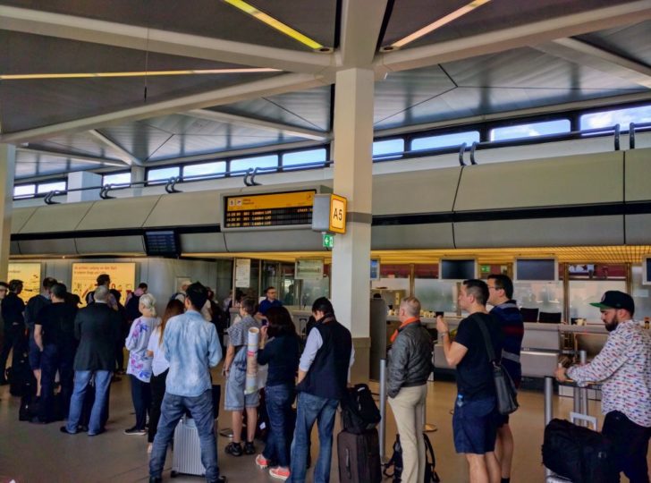 a group of people standing in a line