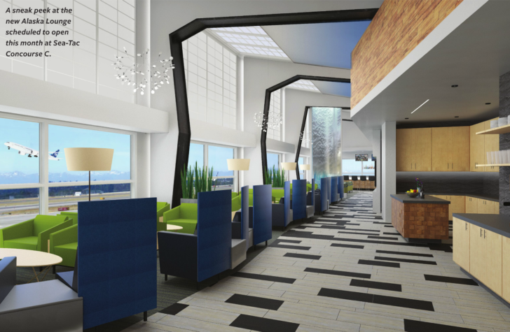 a room with blue chairs and a black and white floor