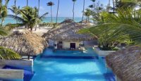 a pool with a bar and a bar in it