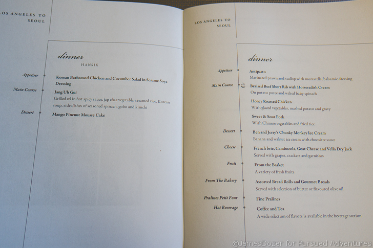 Singapore Airlines Business Class menu