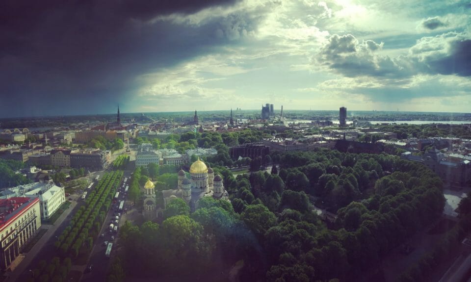 a city with trees and buildings