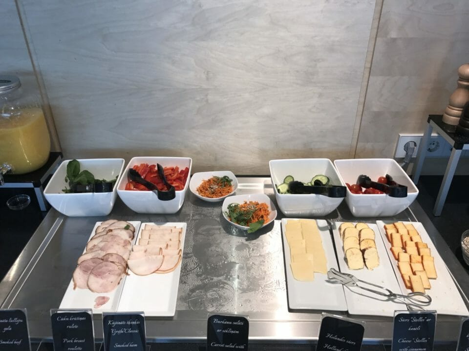 a buffet table with different food items