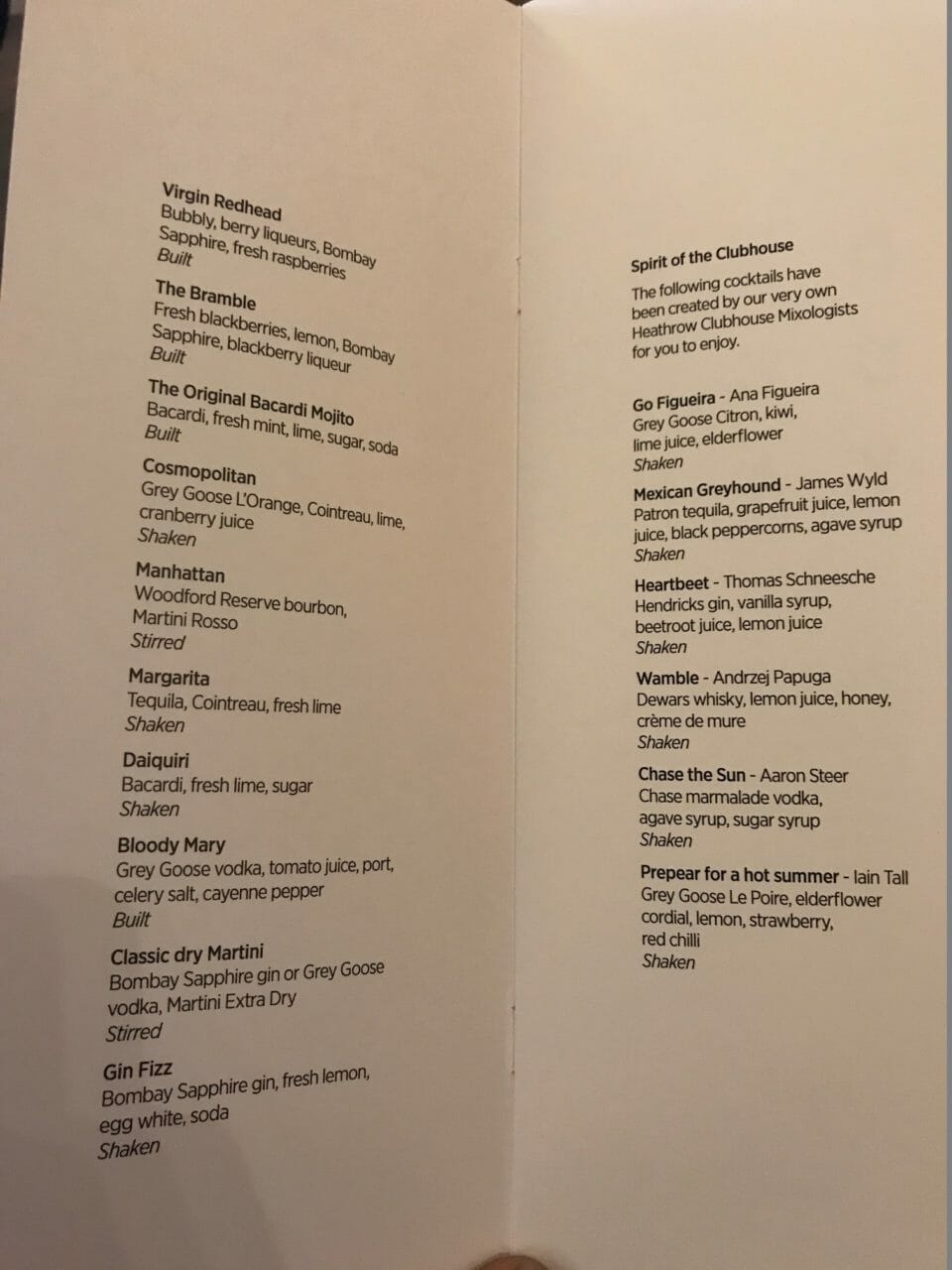 a menu with black text