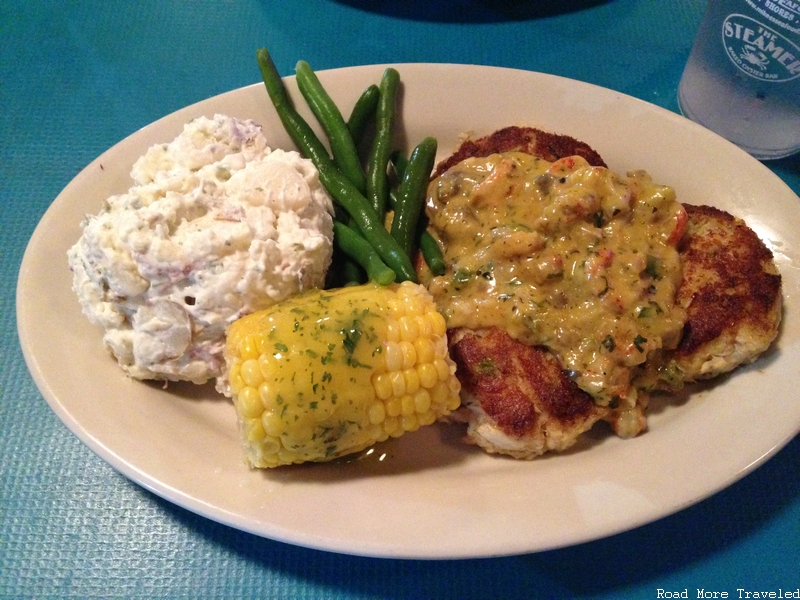 Redneck Riviera cuisine - crab cakes, corn, and potato salad