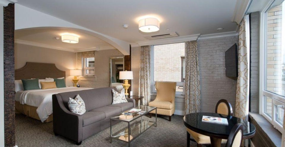 a room with a couch and a table