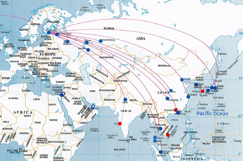 a map of the world with red lines