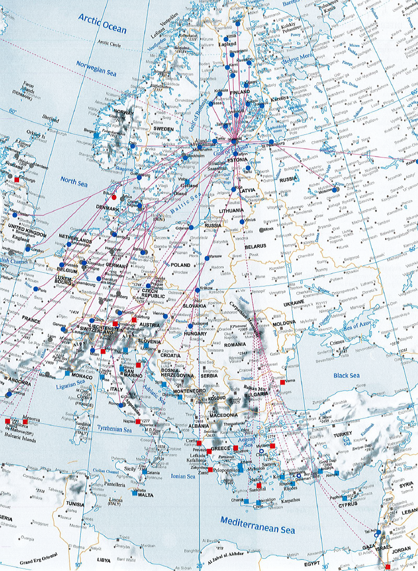 a map of europe with red lines and black text