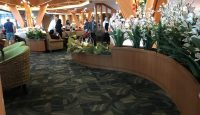 a room with plants and people