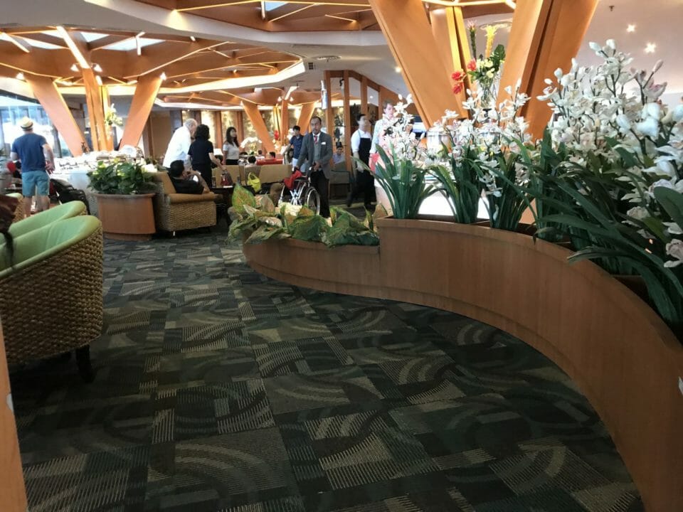 a room with plants and people