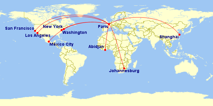 a map of the world with red lines