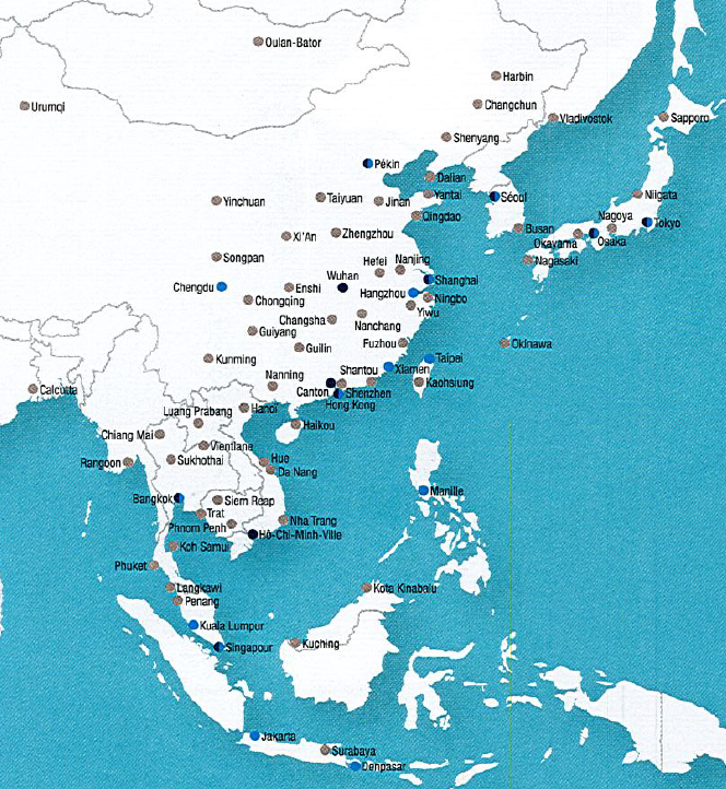 a map of asia with cities and names
