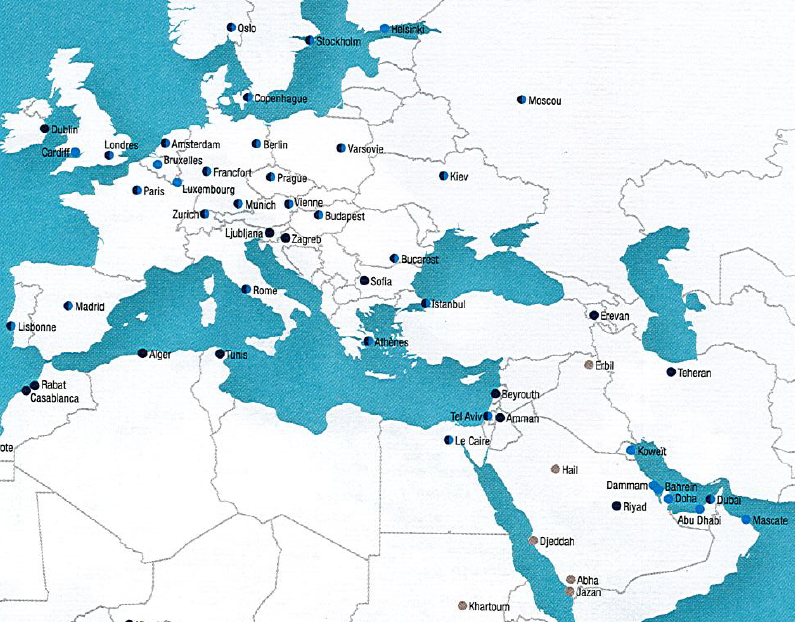 a map of europe with blue water and white text