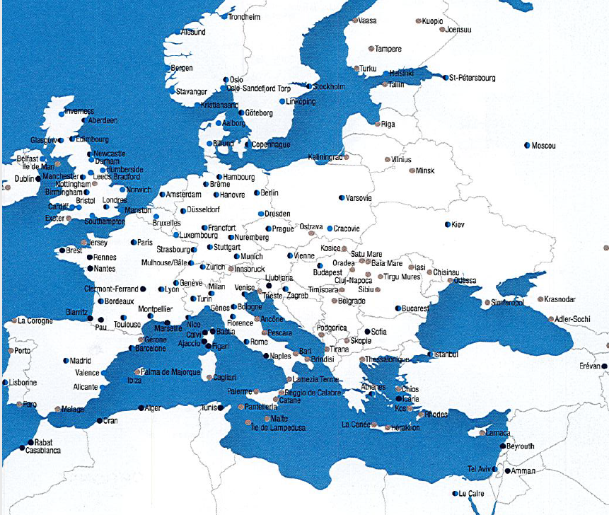 a map of europe with blue water and white text
