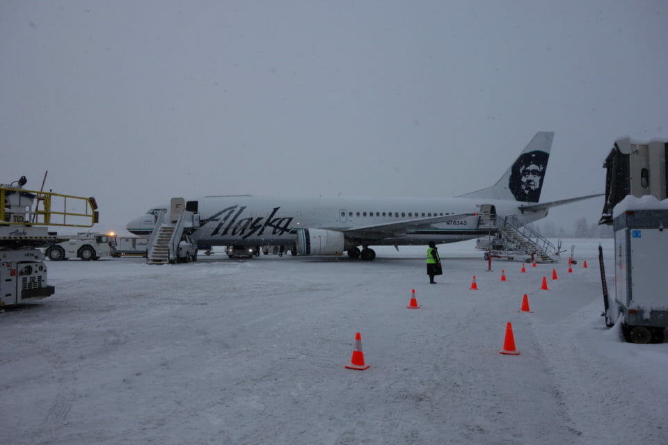 an airplane on the snow