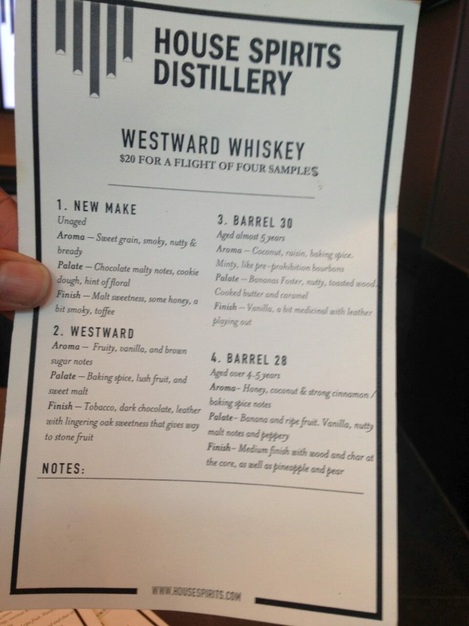 House Spirits Distillery PDX - whiskey flight menu