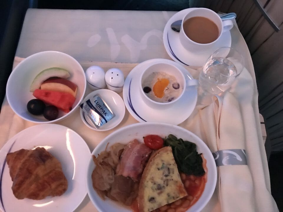 a tray with food and drinks on it