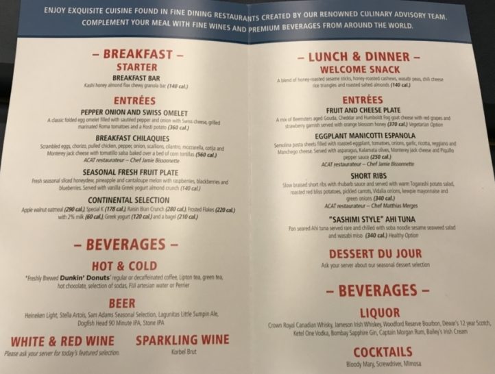 a menu with red and white text