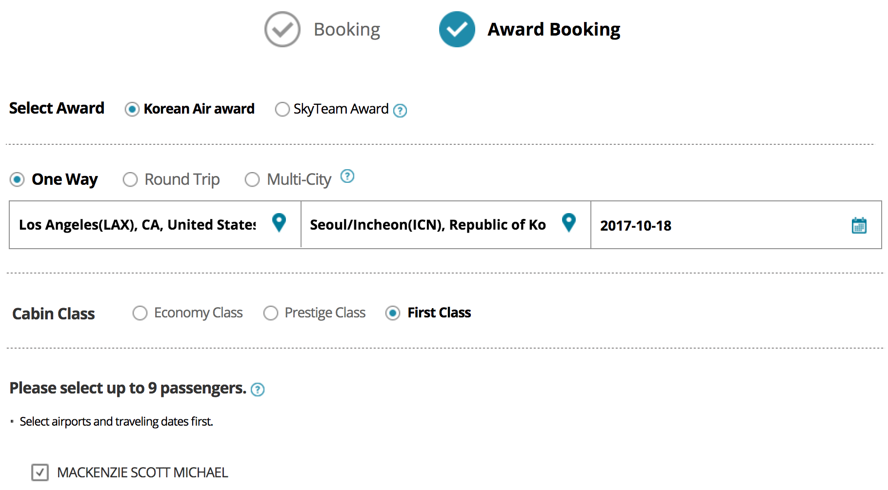 korean air award travel chart