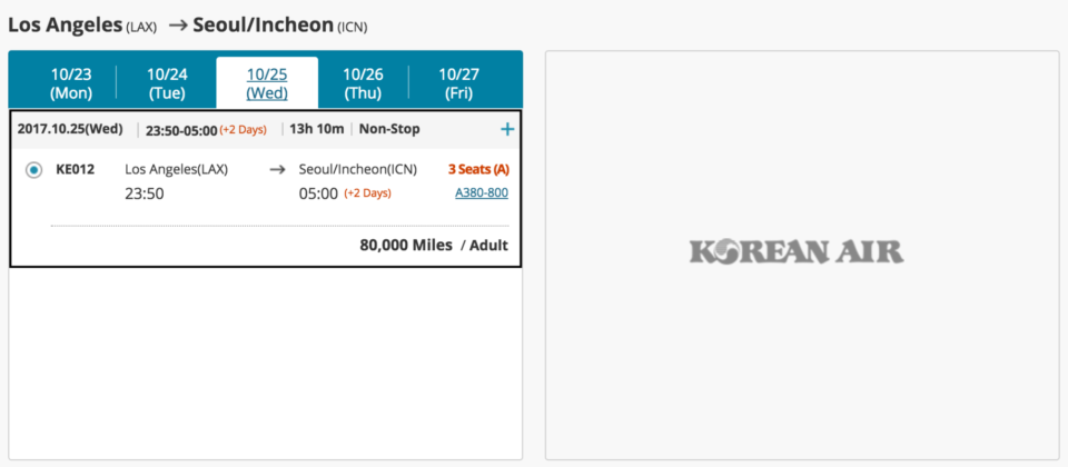 korean air award travel chart