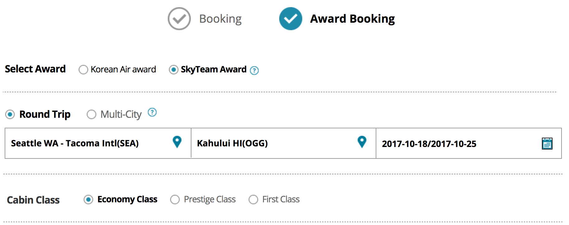 korean air award travel chart