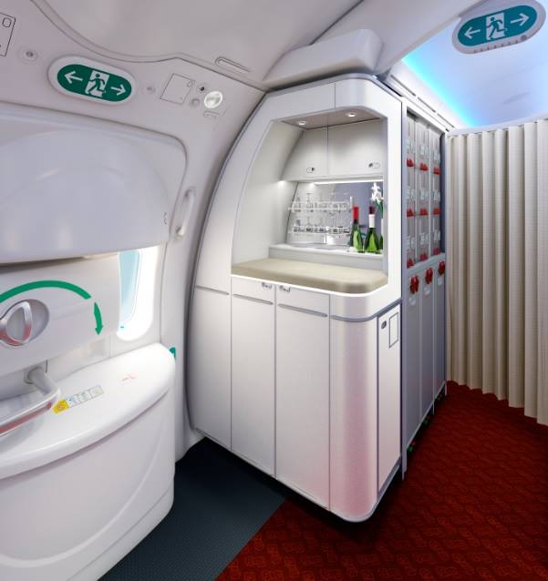 a white cabinet with a shelf and a red carpet