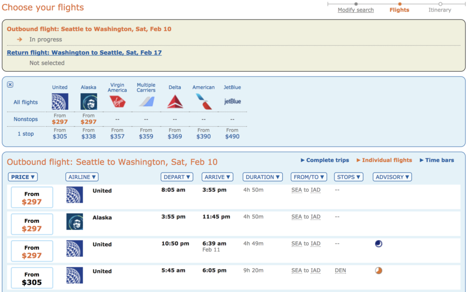 a screenshot of a flight schedule