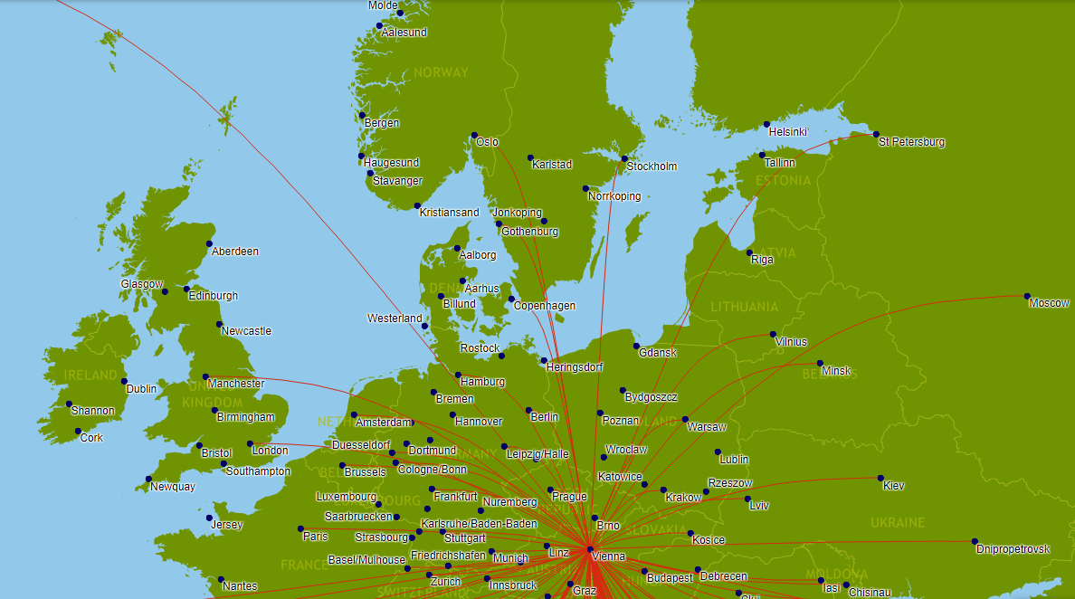 a map of europe with red lines and points
