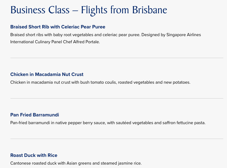 a menu of a flight