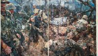 a painting of soldiers in a forest