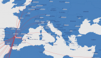 a map of europe with red lines