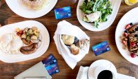 a table with plates of food and credit cards