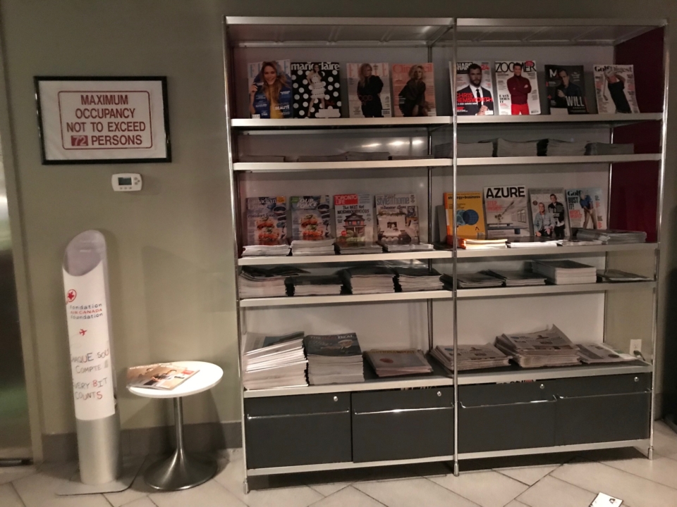 a shelf with magazines and a stool