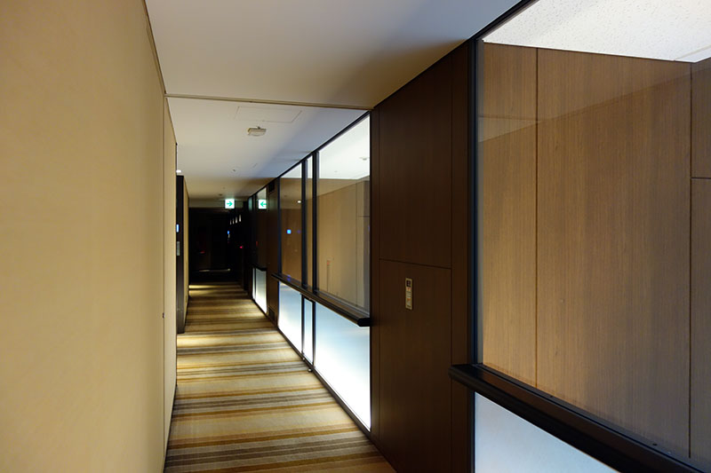 a hallway with glass walls and a striped carpet