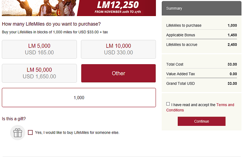 LifeMiles Minimum Purchase