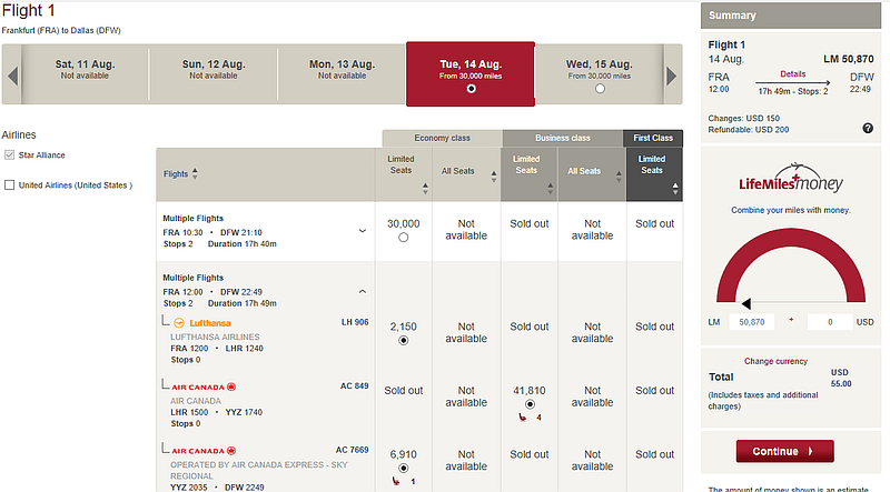 LifeMiles Mixed Cabin FRA-DFW