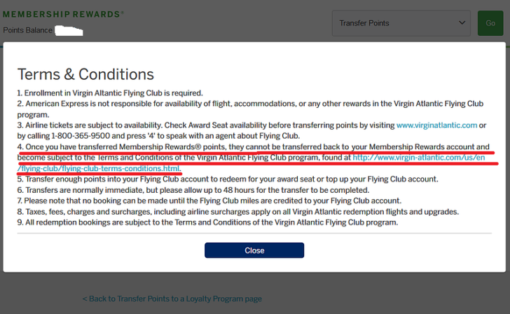 Amex Transfer terms and conditions
