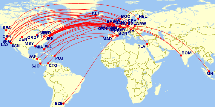 a map of the world with red lines