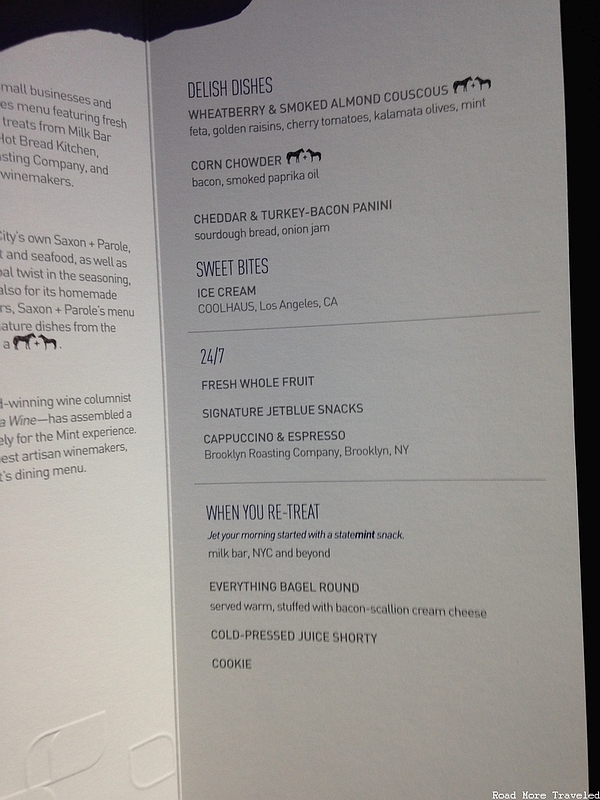 jetBlue Mint - redeye dinner menu