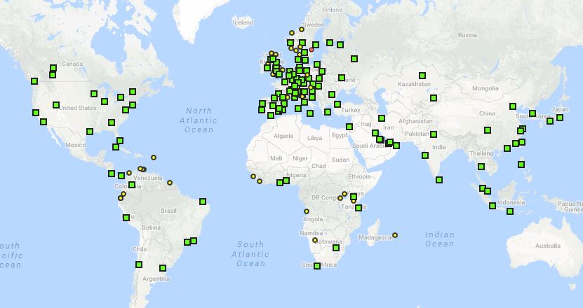 a map of the world with green squares