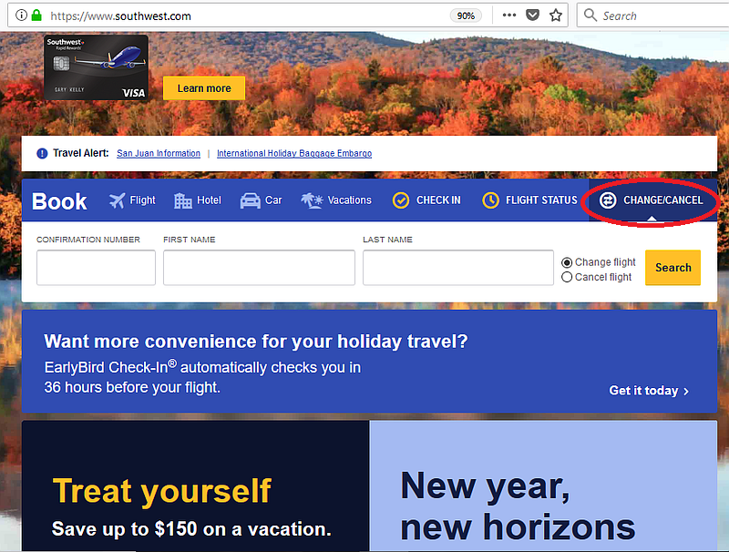 Southwest Change - Cancel from Homepage