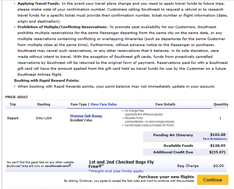 Southwest Change Fare Difference