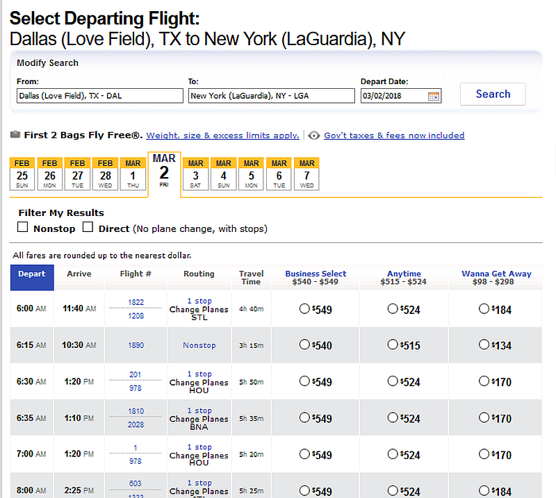 Southwest Change Price List