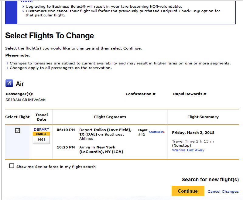 Southwest Select Flight Change