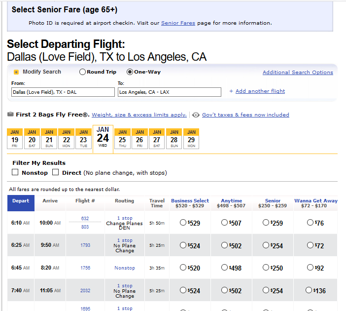 Southwest Senior Fares